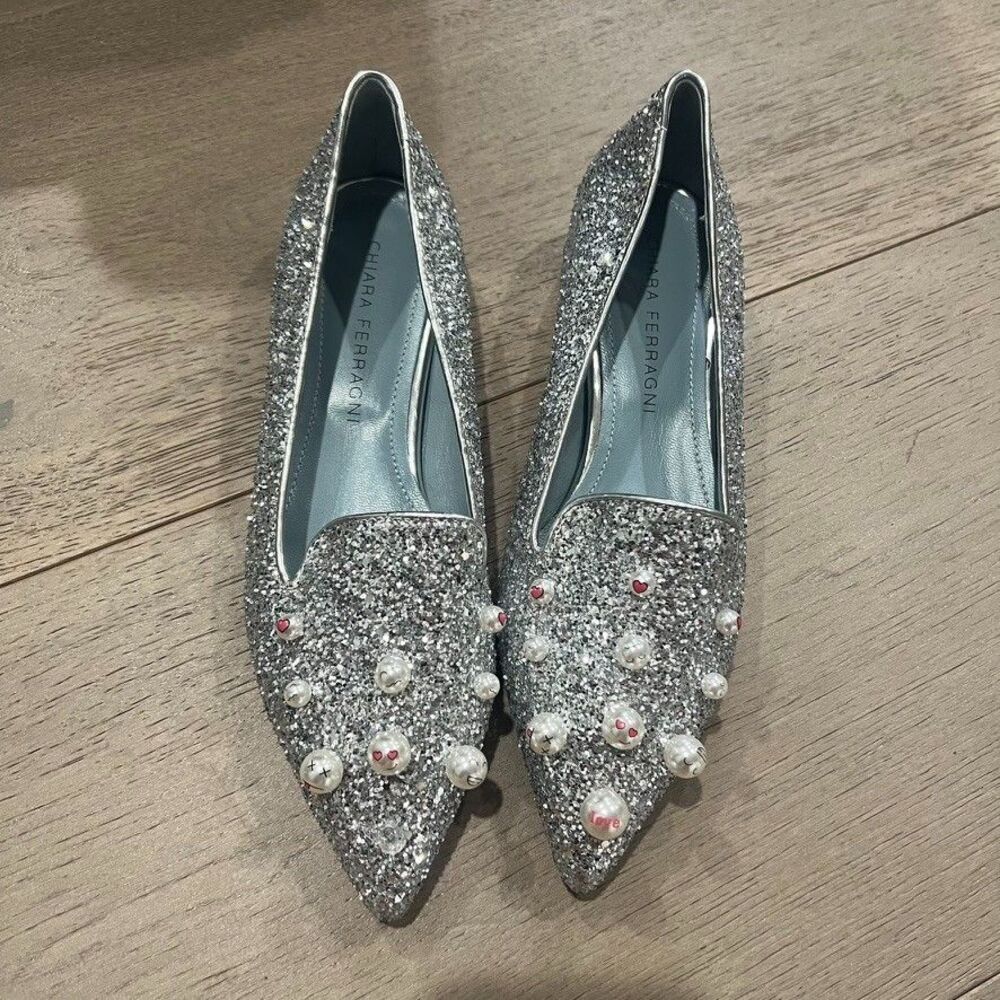 Chiara Ferragni Metallic Glitter Silver Flat Pointed Toe Size 36 NEW Imperfect